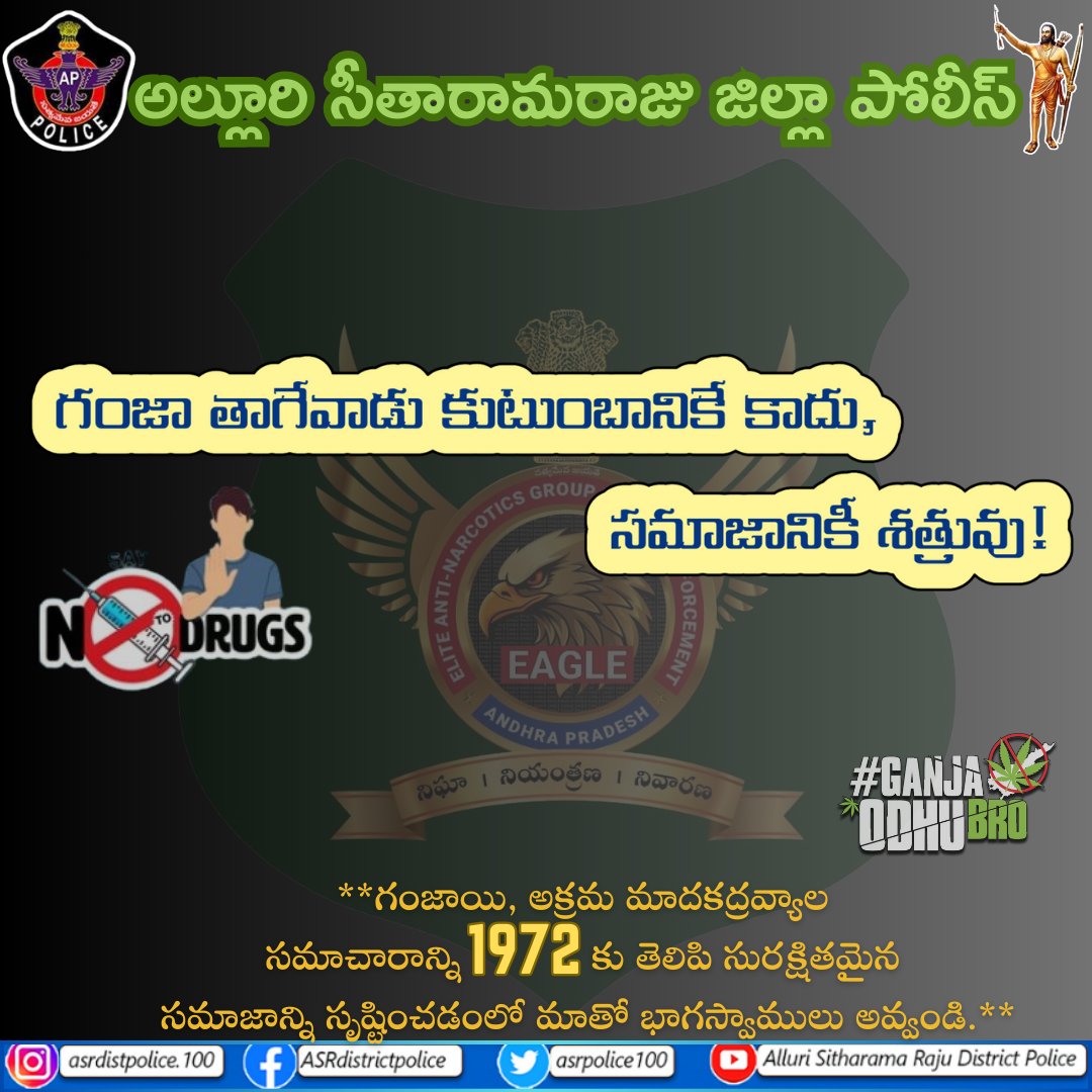 asrpolice100's tweet photo. **గంజా తాగేవాడు కుటుంబానికే కాదు, సమాజానికీ శత్రువు!**
గంజాయి, అక్రమ మాదకద్రవ్యాల సమాచారాన్ని 1972 కు తెలిపి సురక్షితమైన సమాజాన్ని సృష్టించడంలో మాతో భాగస్వాములు అవ్వండి.
#SayNoToGanja #StopDrugAbuse #SafeSociety #ReportIllegalDrugs #SafeFuture #HealthyLife #BePartOfTheChange https://t.co/16UAtzwSjp