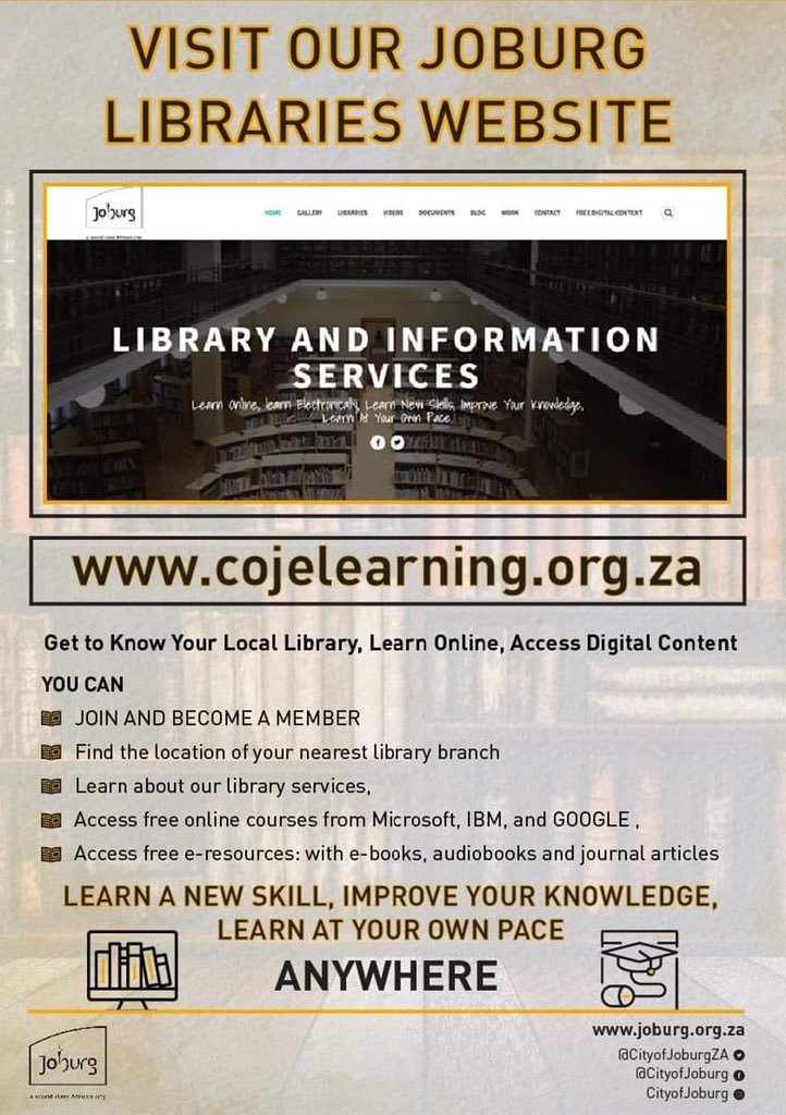 CityofJoburgZA's tweet image. 📢 🌍 Library and Information Services  

Explore e-books, learning resources, and more right at your fingertips. Start your journey today and boost your growth. Take the first step by visiting: cojelearning.org.za 📚💻📱  

#JoburgLibraries #JoburgCares #JoburgServices ^RT