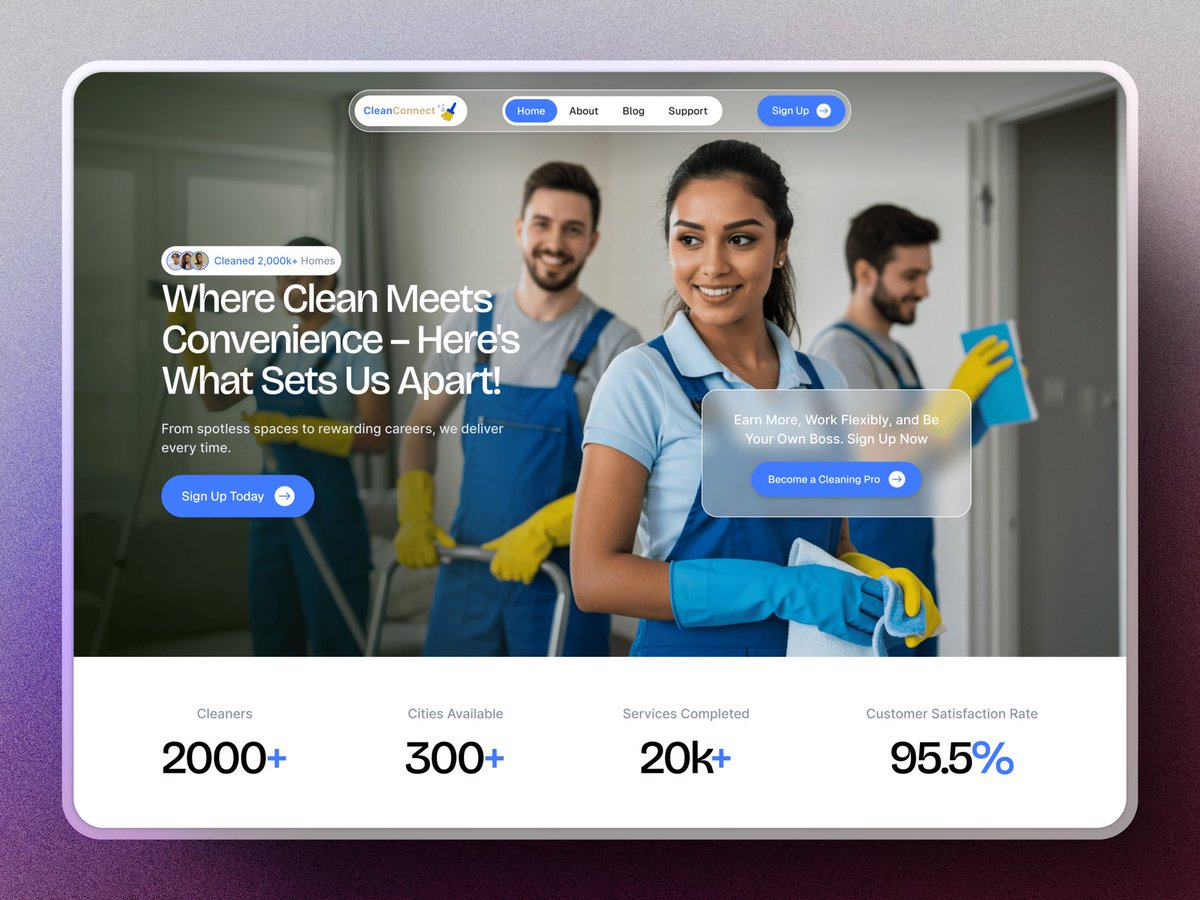 rxdevs's tweet photo. Modern UI for a platform connecting users with top-rated cleaners. Focused on conversion-driven CTAs, trust-building stats, and a smooth user experience. https://t.co/KmOIbRD3Fy