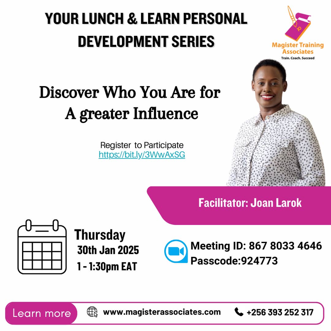 The 2025 Lunch &amp; Learn Personal Development Series is back! What a better way to start the year than by discovering who are? Join the exciting discovery conversation on Thursday, 30th Jan 2025 at 1-1:30pm EAT via zoom. ID: 867 803 346 46 PC: 924 773.