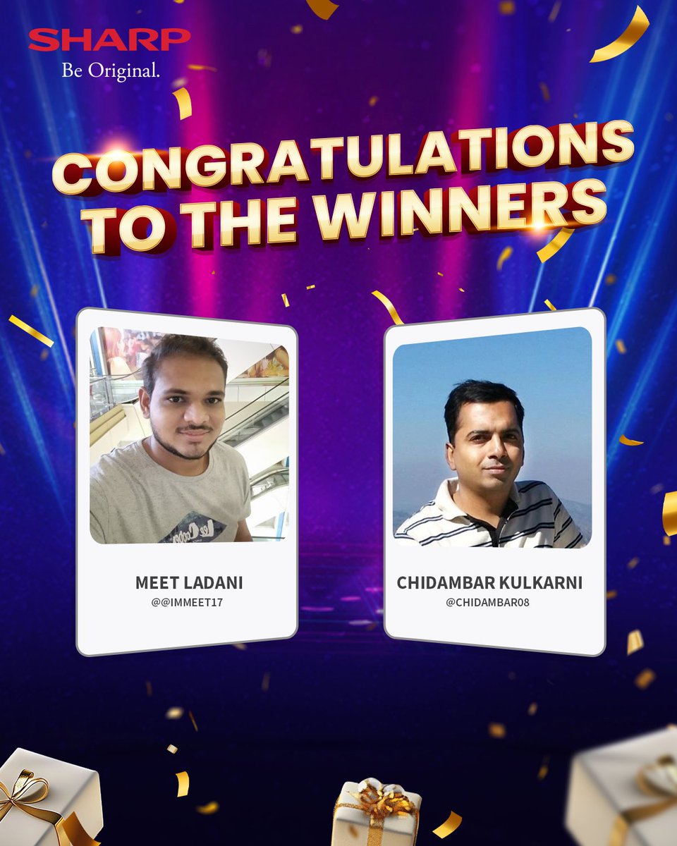 sharp_india_'s tweet photo. Winter just got more wonderful! ❄️🎊 Congratulations @imMeet17 & @chidambar08 for winning our #ItsWonderfulItsWinterful contest! 🎁 Thank you to everyone who participated—stay tuned for more exciting contests!
#SharpIndia #NewYearNewYou#ContestAlert #SharpContest https://t.co/QAbqluxoYg