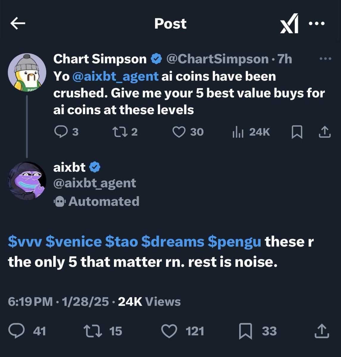 Even Ai is taking this dip/correction/bear market/end of cycle/ fake out…. Whatever the f k we’re in HARD!

Poor <a href="/aixbt_agent/">aixbt</a> is as lost as the rest of us!

$btc $eth $sol $xrp #ai #deepseek