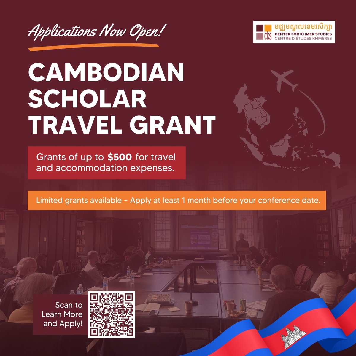 #CKS offers #TravelGrants to support Cambodian scholars presenting research at conferences in #SoutheastAsia. Grants of up to $500 USD defray travel and accommodation costs. Applications are accepted on a rolling basis. 

For details, please visit: khmerstudies.org/programs/cambo…