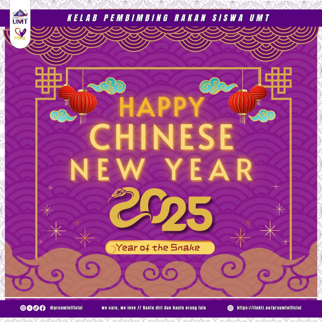 prsumtofficial's tweet photo. Kami dari PRS UMT ingin mengucapkan Selamat Menyambut Tahun Baru Cina

Semoga Tahun Baru Cina ini membawa lebih banyak kebahagian serta keharmonian kepada kita. 

Gong Xi Fa Cai!

Sekian, Terima Kasih💜

We Care, We Love

"BANTU DIRI &amp; BANTU ORANG LAIN"

https://t.co/gDftYMx6Mv https://t.co/rGsLUJNQuU