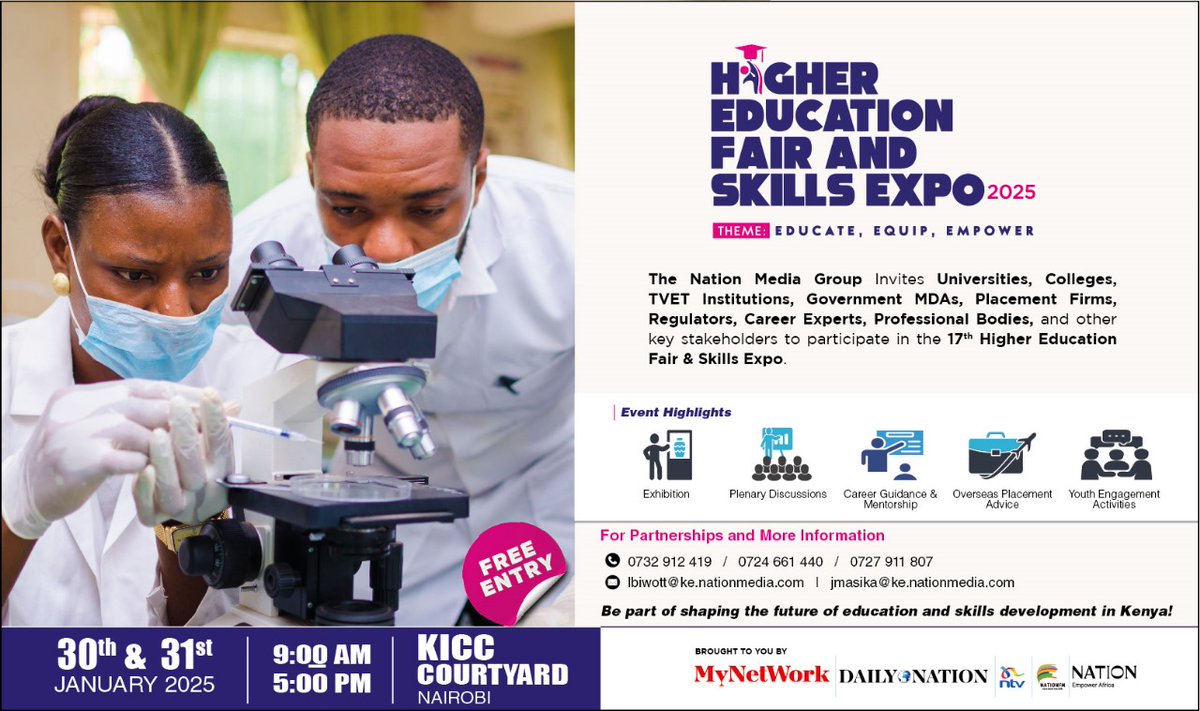 ElizabethhQuinn's tweet photo. Get inspired, get equipped, get empowered! The 17th Edition of the Higher Education Fair &amp; Skills Expo is here! Don't miss exhibitions, plenary sessions &amp; career mentorship at KICC on Jan 30–31. Entry is FREE! #HigherEducationExpo2025 #EducateEquipEmpower https://t.co/yhYZNEr1Fh
