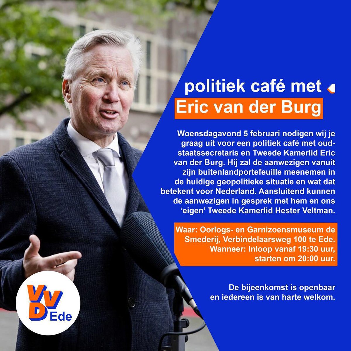 Eric van der Burg (@ericvanderburg) on Twitter photo 5 februari zijn mijn collega <a href="/VVDHester/">Hester Veltman</a> en ik in Ede, mocht je zin en tijd hebben dan ben je van harte welkom. 5 februari zijn mijn collega <a href="/VVDHester/">Hester Veltman</a> en ik in Ede, mocht je zin en tijd hebben dan ben je van harte welkom.