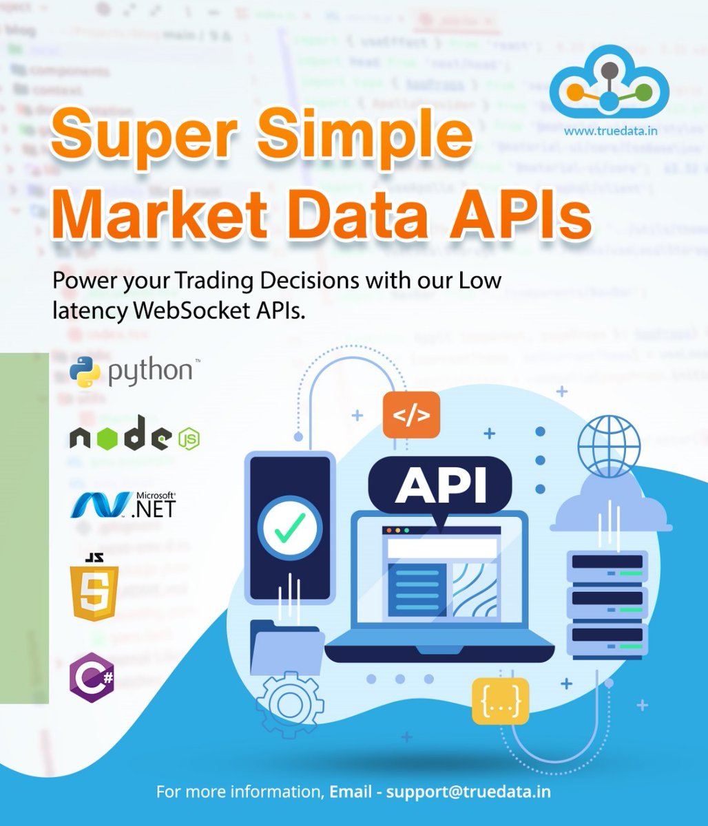 truedata1's tweet image. 💁‍♀️ TrueData Super Simple Market Data APIs
📶 Power your Algo Trades with our Low latency WebSocket APIs.

Know More: bit.ly/4aGXdEP

#TrueData #marketdataAPI #bse #nse #python #nodejs #csharp #nseeq #cds #mcx