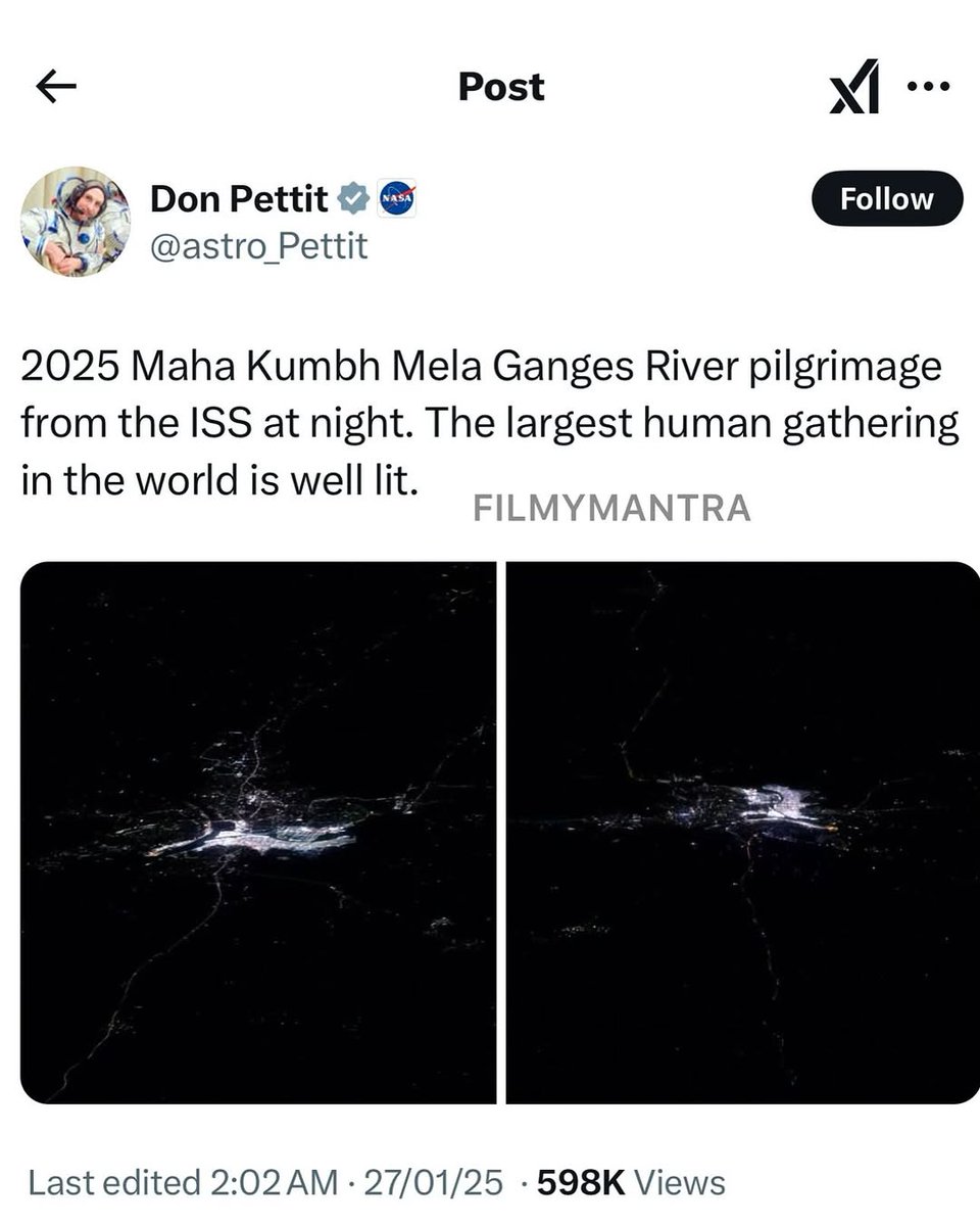 Manaindiaorbit's tweet photo. NASA astronaut Donald Pettit captures breathtaking photos of Prayagraj during the 2025 Maha Kumbh Mela from the ISS. A mesmerizing sight of the world's largest gathering! 🌌🙏🏻❤️ 

#MahaKumbhMela #NASA #ISS #Prayagraj2025 https://t.co/hTg5MG97a7