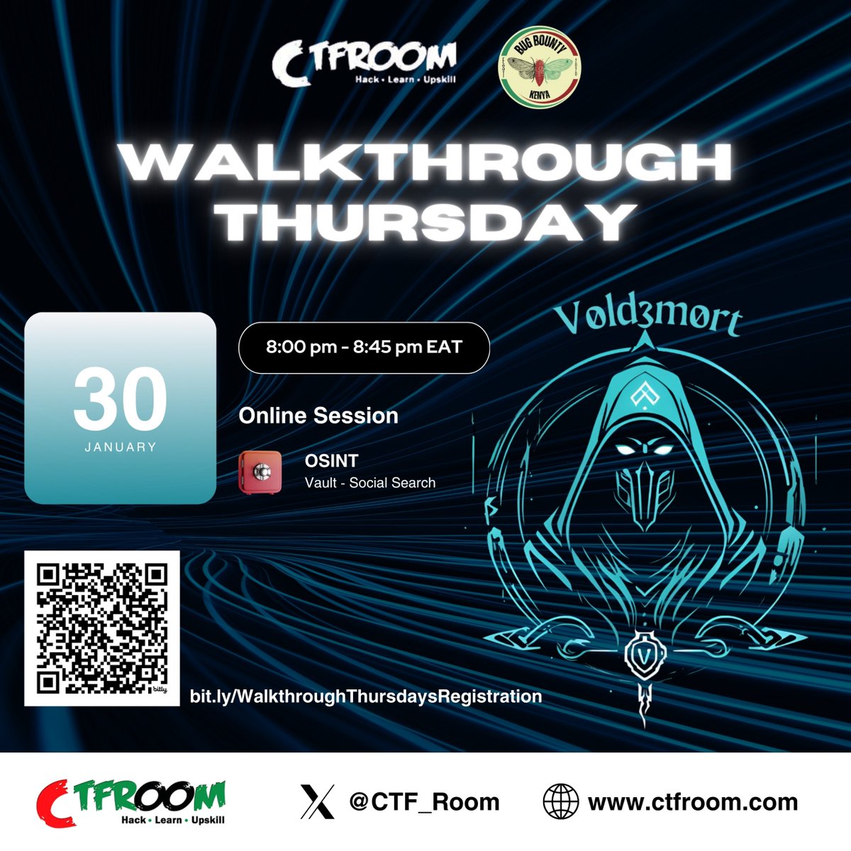 Welcome to another Walk Through session on Thursday 30th Jan courtesy of <a href="/ke_bug_bounty/">BugBountyKE</a>  <a href="/V0ld3mrt/">V0ld3m0rt</a> 
See you tomorrow. 
link to cal invite: bit.ly/WalkthroughThu…
Link to event: ctfroom.com/event/walkthro…