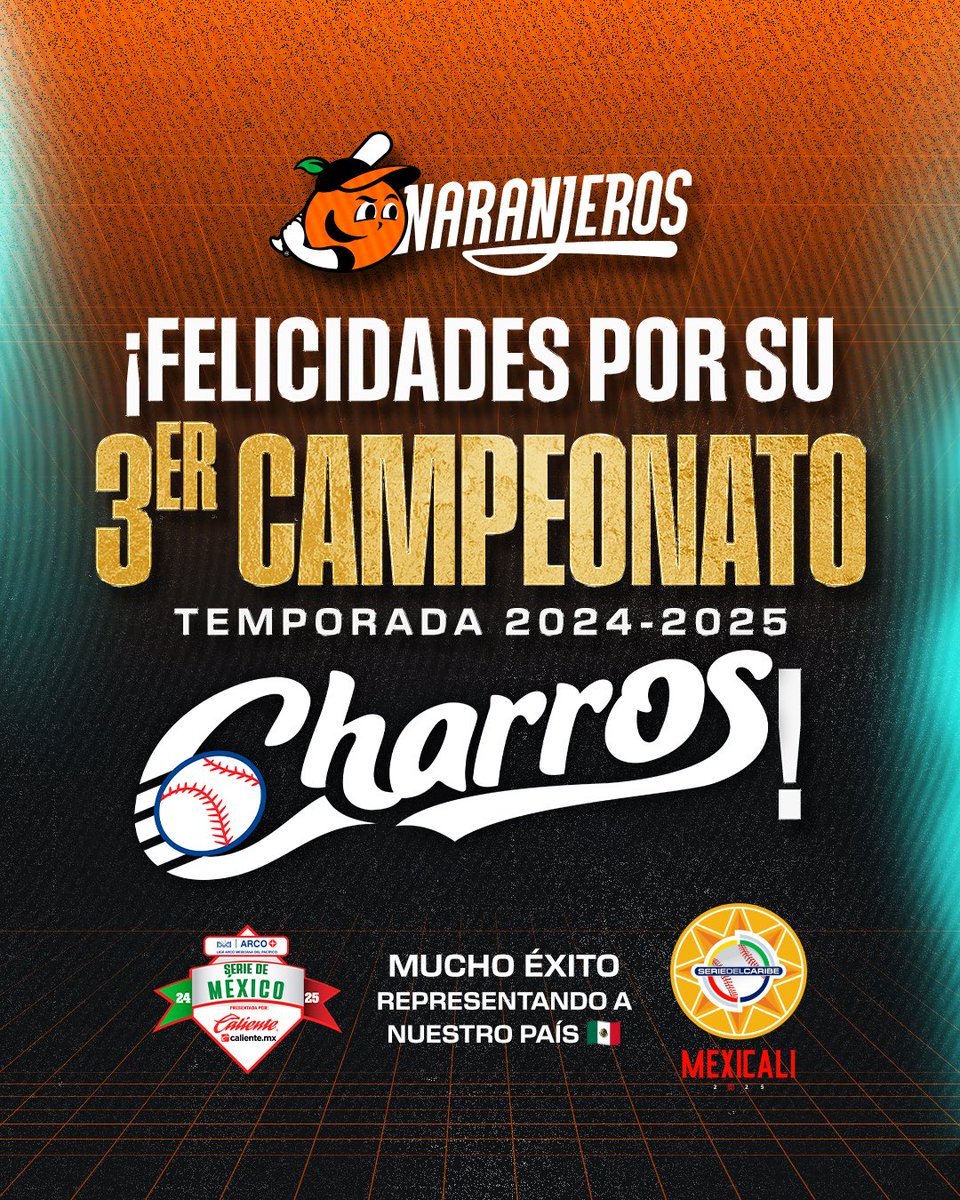 ¡Felicidades, <a href="/charrosbeisbol/">Charros de Jalisco🤠</a>! ⚾🏆 Enhorabuena por conquistar el campeonato de la Liga ARCO 2024-2025. 

¡Mucho éxito en la Serie del Caribe en Mexicali! Representen con orgullo al béisbol mexicano. 🇲🇽