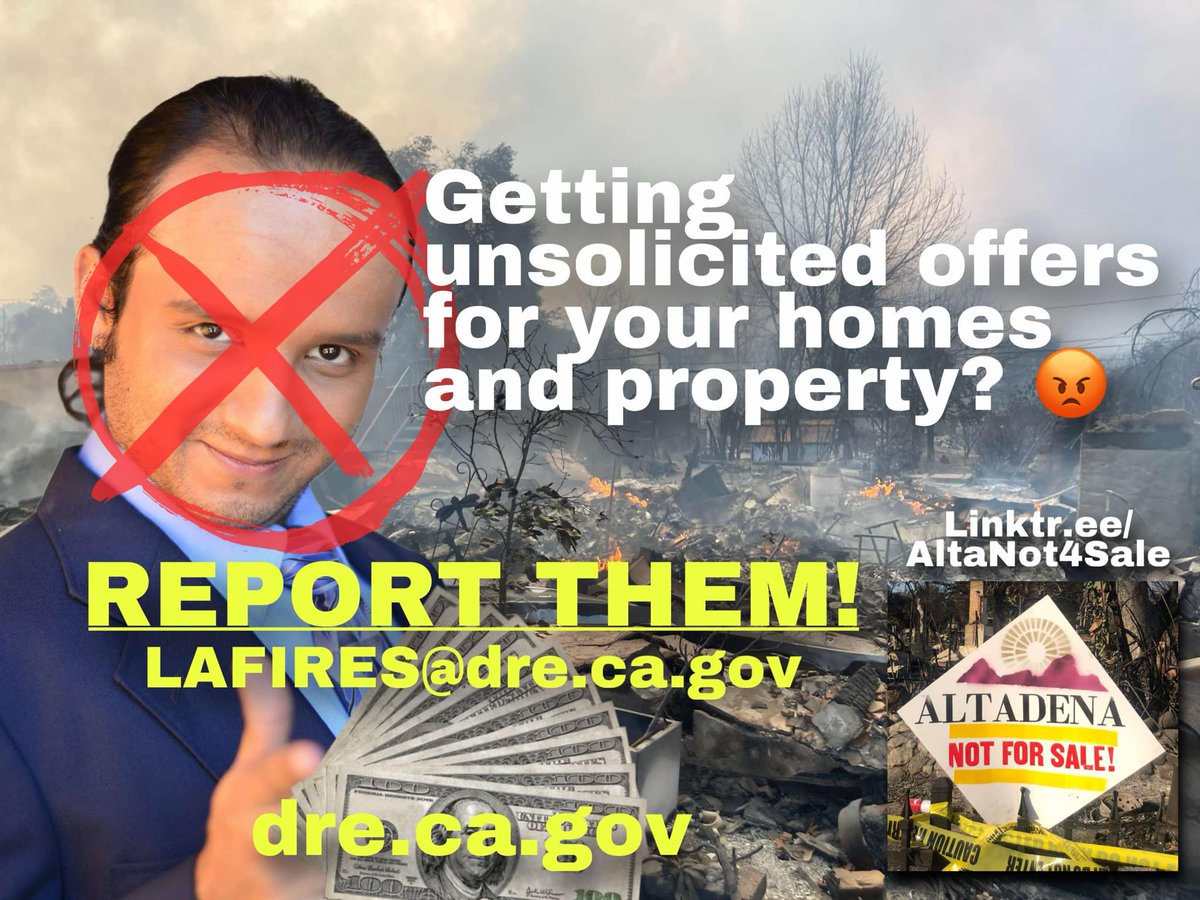 AltaNot4Sale's tweet photo. Report them to the Dept. of Real Estate and District Attorney! Whether they mail, email, text or call you with an unsolicited offer on your land. Get their info, name, contact and report them!
https://t.co/gzKOMF208l https://t.co/z5e5Uzf9s1