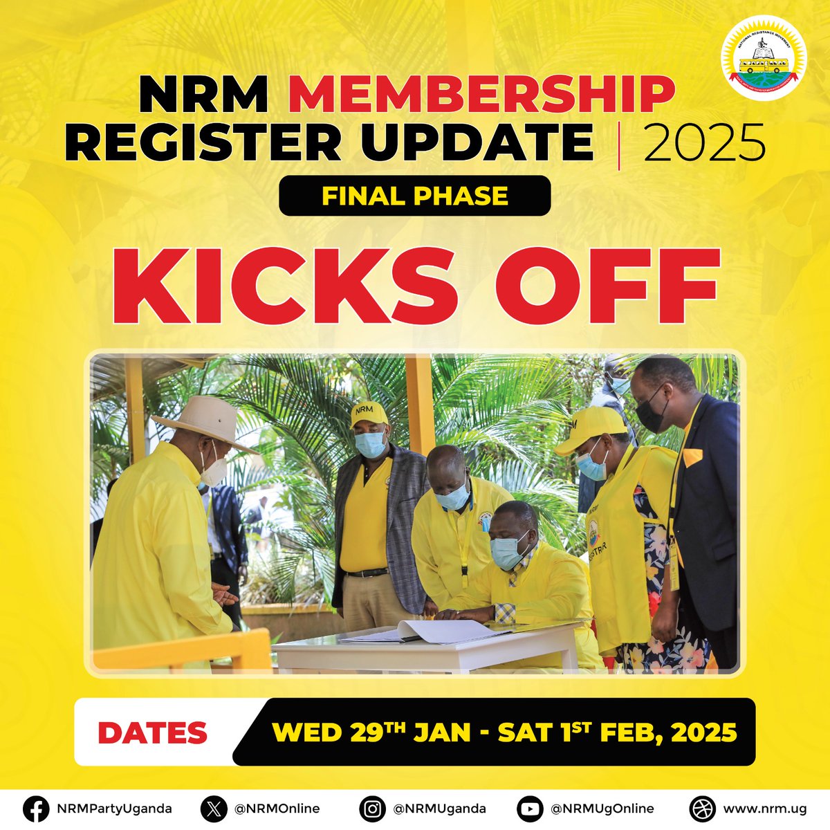 The Display and update of NRM register has started today Wednesday across all villages in the country.  

All our supporters are encouraged to visit their branches/villages to crosscheck their membership in the yellow books. 

 Be the first to Register.

 #NRMRegisterUpdate