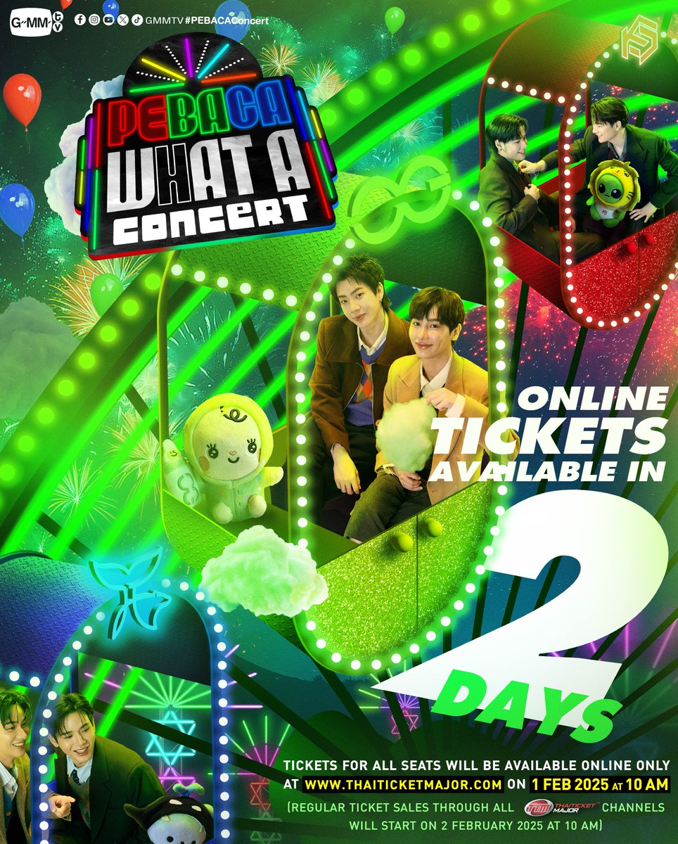 GMMTV's tweet photo. นับถอยหลัง 2️⃣ วันก่อนกดบัตร
BABII, ARE YOU READY? 

‘PEBACA WHAT A CONCERT’ 🎡
📌 Tickets for all seats will be available online only at https://t.co/aUJSGLMwJi on 1 February 2025 at 10 AM 

🔗 More Info: https://t.co/g31j6Lq1TN

#PEBACAconcert #GMMTV
@off_tumcial @AtthaphanP https://t.co/3N9iJIXFyr