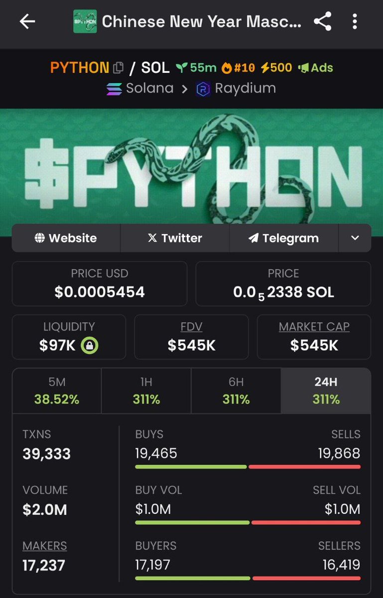 TraderStam's tweet photo. 🪙 Chinese New Year Mascot $PYTHON

KycTRqw5G2rTEjRXWK9JuzprBZLuYqV3yge3S2Rpump

🏦 Find Market Cap: $239,534
💊 https://t.co/chSavqka1R Token
🦅 DexScreener Paid?: ✅

🫧 Bubblemap
🔥 Liquidity Burned: 100% ✅
❄️ Freeze Authority: ✅
➕ Mint Authority: ✅

👤 Top 10: 14.2%
└ ✨4.09% | ✨1.34% | ✨1.33% | ✨1.29% | 1.29% | ✨1.24% | ✨1.22% | ✨1.20% | ✨1.20%