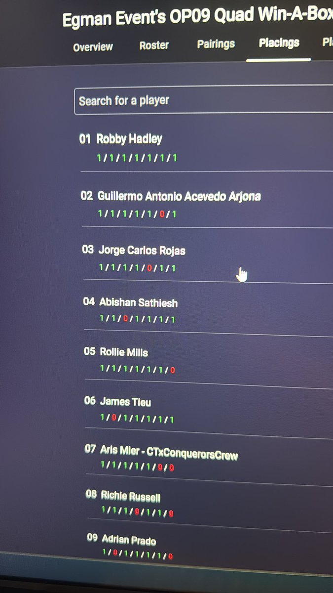 Doflamingo (my 1st <a href="/The_Egman/">Baron Egman</a> event)

1. Pluffy 🟢
2. Shanks 🟢
3. Doffy 🟢
4. Doffy 🟢
5. Lucci 🚫 <a href="/Kemo9319/">Rotomartillo</a> (friendly fire)
6. BB 🟢
7. Doffy 🟢

I’ll definitly play more events, had so much fun.