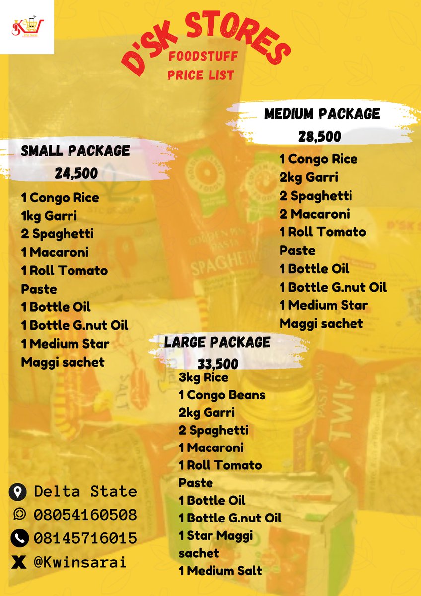 kwinsarai's tweet image. It's a beautiful day to shop from D'Sk Stores Your one-stop shop for foodstuff & mobile Data.
Rice: 5kg ₦11k | 10kg ₦22k
Pure Honey
Small jar- ₦6,500
Big jar/bottle- ₦12,000
DATA bundles
Customized foodstuff packages to fit your budget.
DELTA STATE
@D_Skstores
#iyaloja