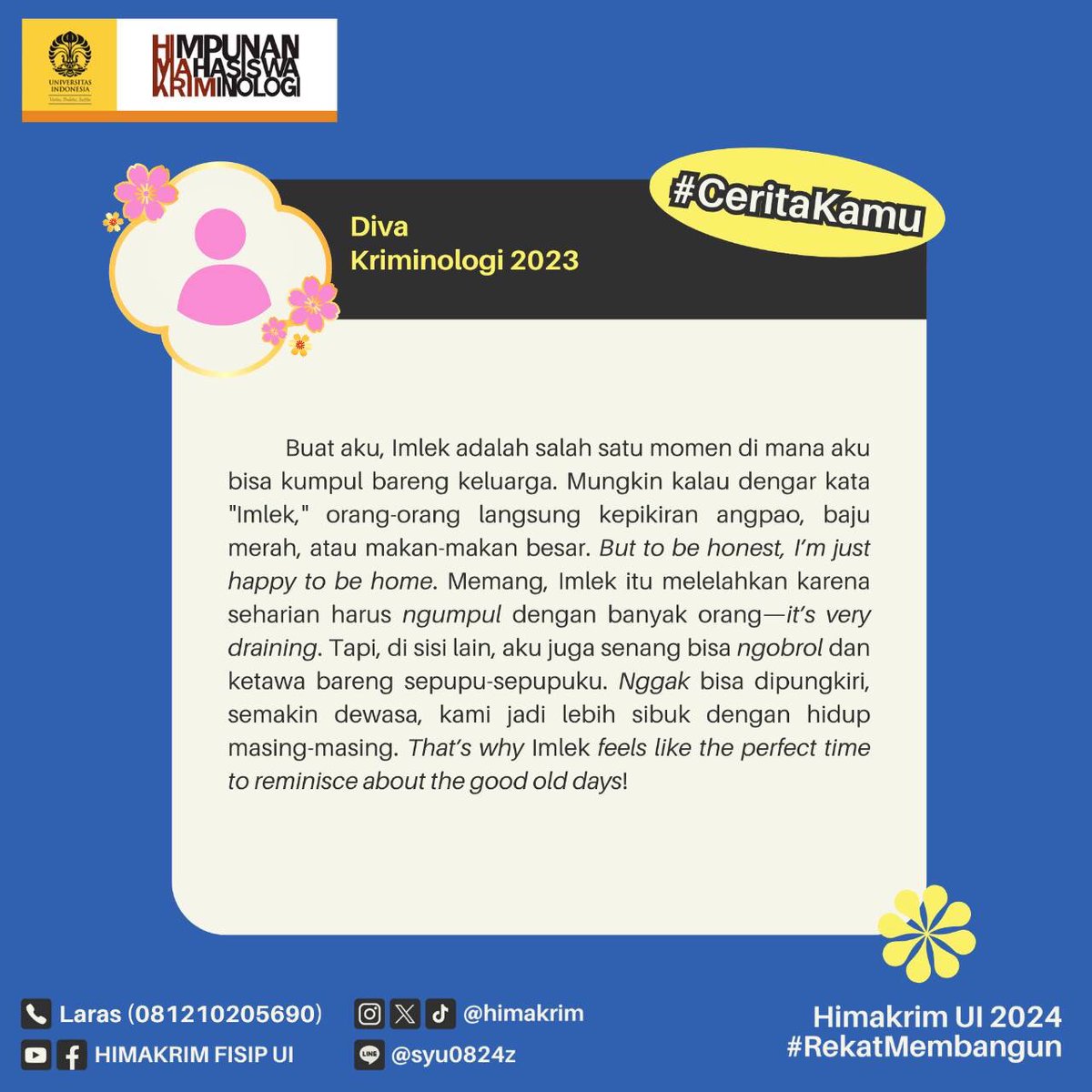 Selamat merayakan Tahun Baru Imlek 2576!

Yuk, simak #CeritaKamu dari Diva (Kriminologi 2023) tentang makna perayaan Imlek baginya!