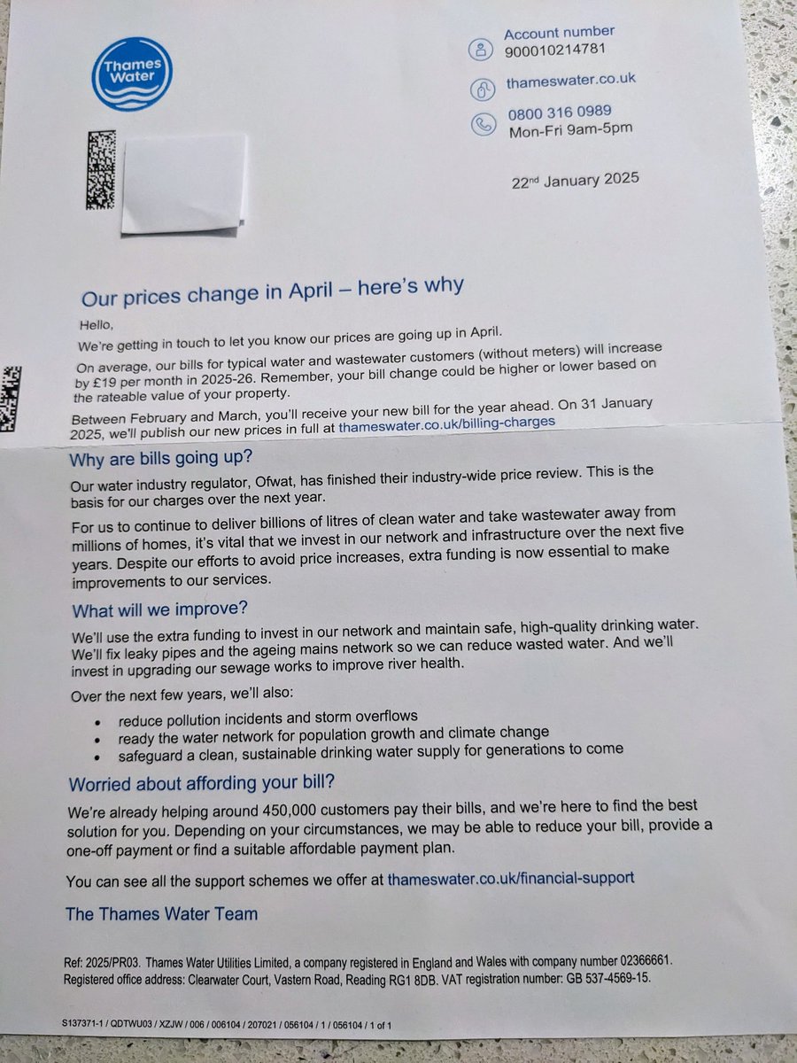 Here's the letter that <a href="/thameswater/">Thames Water 💧</a> is sending to its bill payers this week, demanding an estimated extra £19 A MONTH.
To do what it should have been doing, but hasn't.
We should not be paying this.