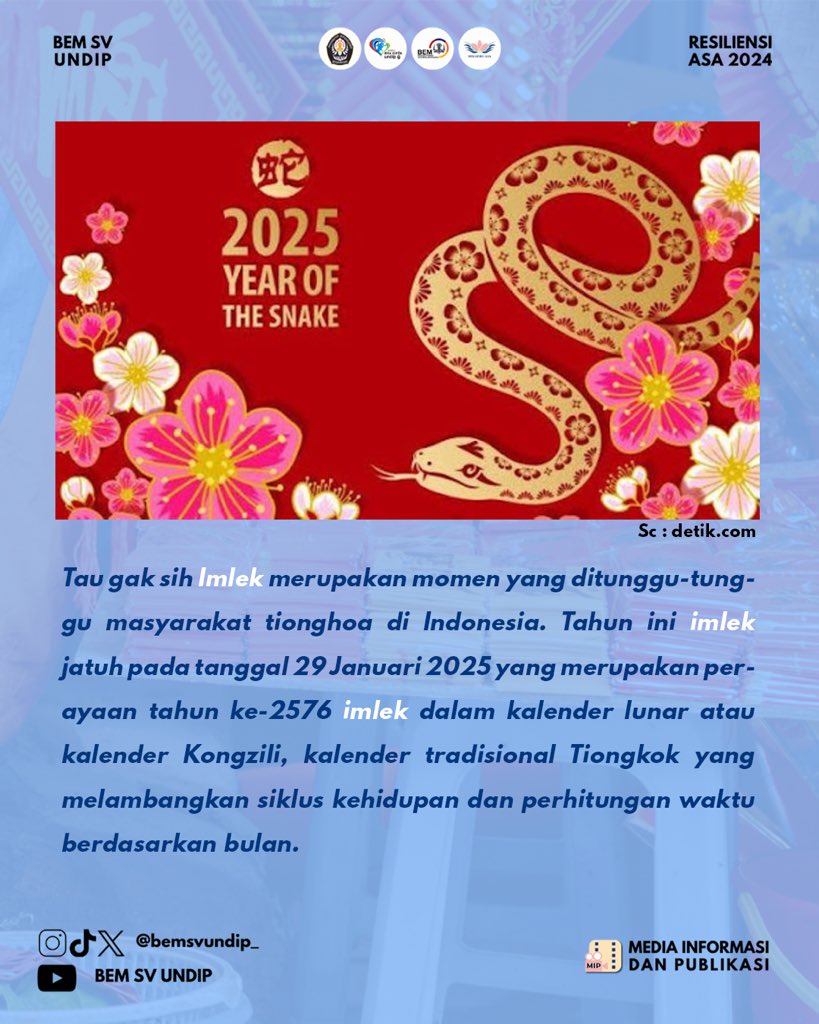 bemsvundip_'s tweet photo. [🐍🏮Selamat Tahun Baru Imlek 2025🏮🐍] 

Hi Voks! 
Selamat Tahun Baru Imlek bagi semua yang merayakan✨️

Tahun ini kita memasuki tahun Shio Ular Kayu yang melambangkan kecerdasan, kebijaksanaan, dan fleksibilitas. https://t.co/4uIuSbKCsy