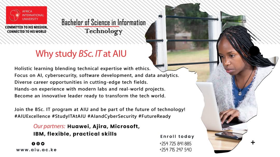 Are you passionate about technology and innovation? Join the Bachelor of Science in Information Technology (BSc IT) at <a href="/AIU_uni/">Africa International University</a> and gain the skills needed to excel in the fast-evolving digital world!
📌 Apply today!

🌐 Learn more: aiu.ac.ke/course/bsit/