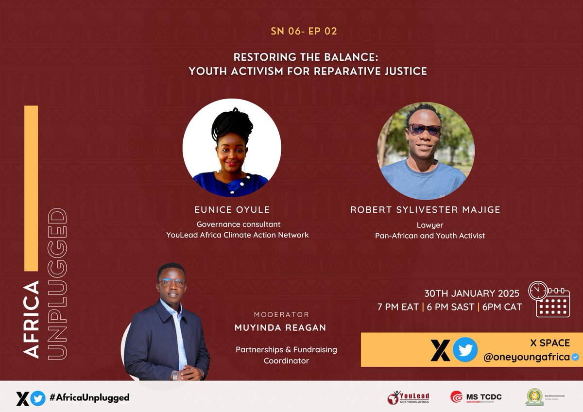 ✨#AfricaUnplugged is back in session! On One Young Africa X spaces!

Join us with Ms. Eunice Oyule and Mr. Robert Majige.
⏰7 pm EAT
📍 x.com/OneYoungAfrica

A conversation on Youth Activism on the continent✨