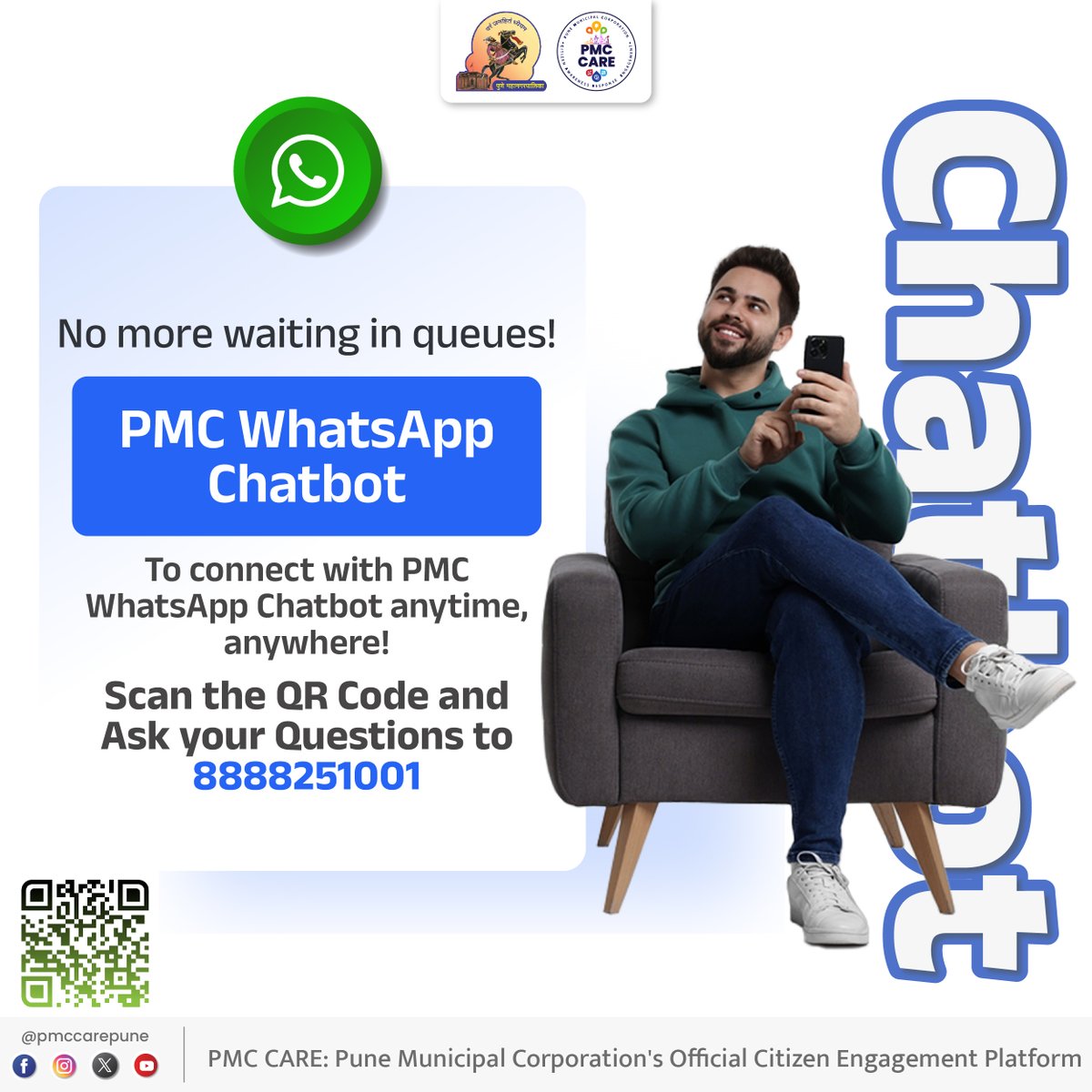pmccarepune's tweet photo. PMC WhatsApp Chatbot Service

Save the Number: 8888251001
Scan the QR Code and Ask your Questions

#pmc #pmccare #chatbot #chat #service #whatsapp #pmcservices #online https://t.co/bdP21jxzmD