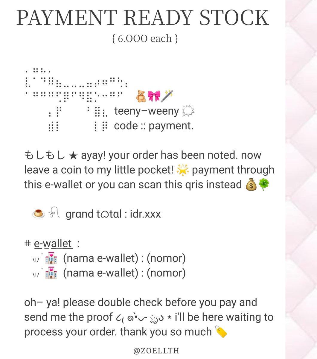 a retweet would be cherished! ♡____<

hello peeps . . . zozo bawa 4 buah payment wording ready stock dengan harga 6k each payment avail qris, bisa dm aku sekarang jugaa! go grab yours 🍀⭐️🏷___ ^

[ #zonauang ]