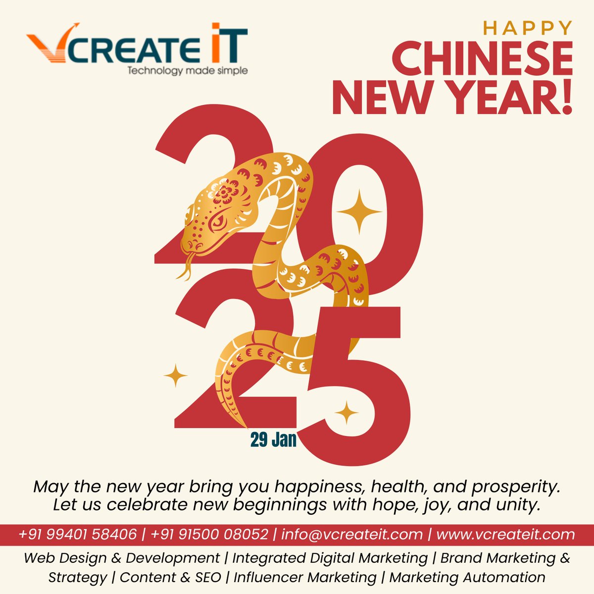 vcreate_it's tweet photo. May this year bring new opportunities and growth to your business and tech endeavors! 🌟

#HappyChineseNewYear #YearOfTheDragon #TechInnovation #DigitalSuccess #Prosperity #NewYearNewTech #CNY2025 #ITSolutions #CelebrateSuccess #VCreateIT https://t.co/OlIsn5jAwj