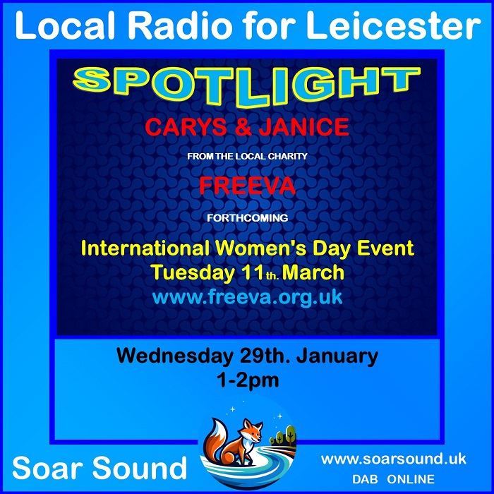 🎙️ Tune in!

This Wednesday 29th Jan, 1-2 PM, Carys &amp; Janice from Freeva are live on Soar Sound Radio 🔊

They'll spotlight vital support work &amp; preview their exciting International Women's Day Event on 11th March! 💜

📡 Listen live: soarsound.uk