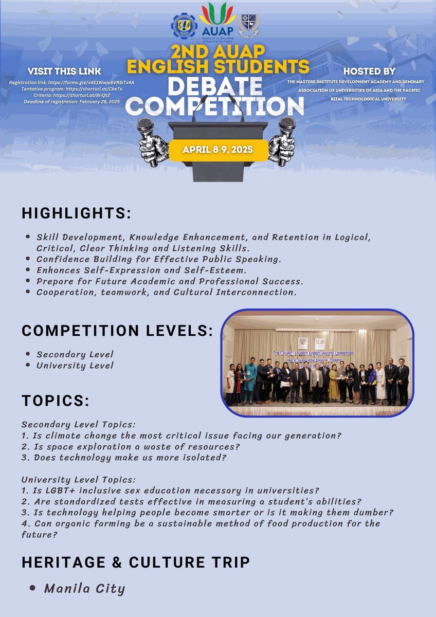 kasetsart_r's tweet photo. AUAP Student English Debate Competition (SEDC) ครั้งที่ 2

จัดโดย AUAP ร่วมกับ RTU และ MIDAS

📅 ระหว่างวันที่ 8-9 เมษายน 2568
📍 ณ Rizal Technology University มะนิลา ฟิลิปปินส์

✍ สมัครเลย > https://t.co/ok893Dz3w5
📝 ดูกำหนดการได้ที่ > https://t.co/NuRm3RWVS0 https://t.co/7TbWtPYMT9