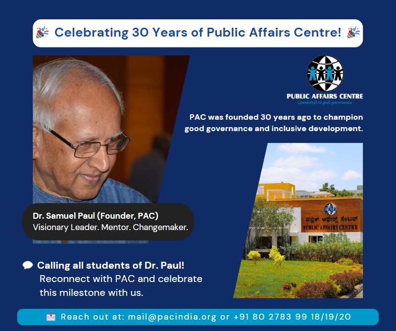 PublicAffairsCentre (@pacindia) on Twitter photo 🎉 30 Years of Public Affairs Centre! 🎉
Dr. Samuel Paul’s vision shaped PAC into a leader in governance, driving research, citizen empowerment & policy change for 30 years.
📢 Calling all students of Dr. Paul—let’s reconnect!
<a href="/IIMAhmedabad/">IIM Ahmedabad</a> <a href="/IIMA_Alumni/">IIMA Alumni Association</a>
#iima 🎉 30 Years of Public Affairs Centre! 🎉
Dr. Samuel Paul’s vision shaped PAC into a leader in governance, driving research, citizen empowerment & policy change for 30 years.
📢 Calling all students of Dr. Paul—let’s reconnect!
<a href="/IIMAhmedabad/">IIM Ahmedabad</a> <a href="/IIMA_Alumni/">IIMA Alumni Association</a>
#iima