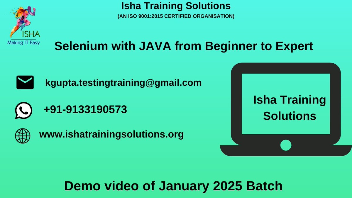 IshaKumargupta's tweet image. Selenium with JAVA from Beginner to Expert–Demo session Video.
youtu.be/rjNlyfi2oXg
Regular sessions will start from:
29th Jan@8PM(IST)/29th Jan@9:30AM(EST)
The course Price:6,900 INR/99USD
call/WhatsApp@+91-9133190573/8977922427
#Selenium #SeleniumWebDriver #SeleniumJava