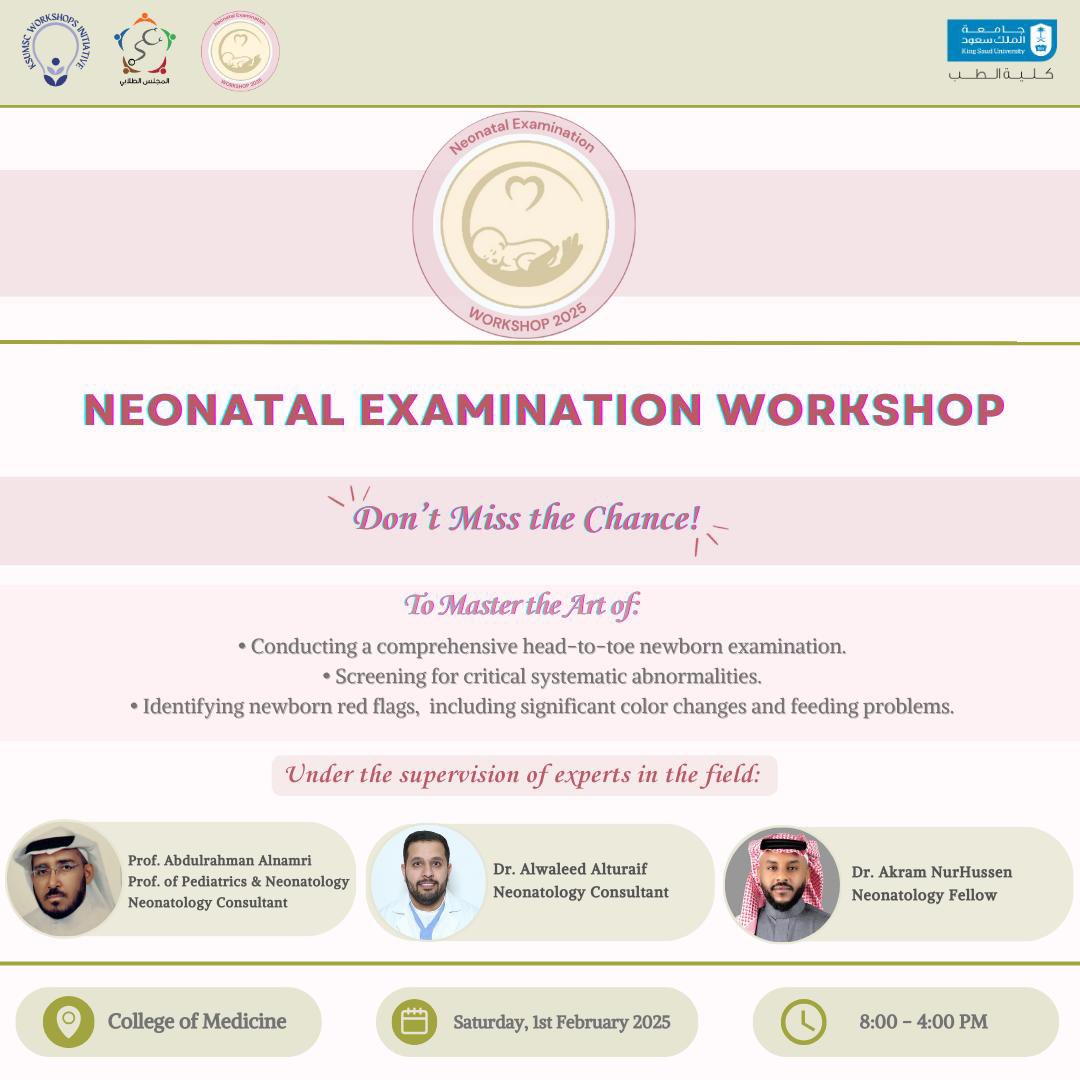 Join us in the upcoming “Neonatal Examination” workshop and gain hands-on experience under expert guidance! 👶

🎟️ Registration opens Wednesday at 3:00 pm! Check your emails for more details.