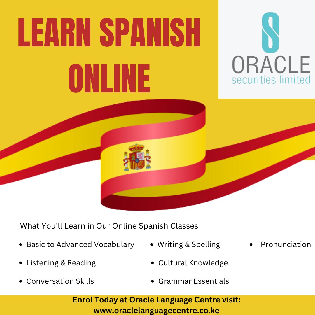OracleLanguage's tweet image. Online Spanish Classes
Looking to learn Spanish from the comfort of your home? Oracle Language Center is the place to be! We offer courses for all levels.
Registration is ongoing
Call: 0736496025
Website:oraclelanguagecentre.co.ke/spanish-classe…
#learnspanish #languageschool #karen