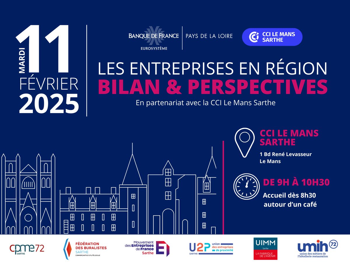 CCI Le Mans & Sarthe (@cci72) on Twitter photo 📅 À l'occasion de la Matinale de l'éco, le 11 février de 9h à 10h30, la <a href="/cci72/">CCI Le Mans & Sarthe</a> et la <a href="/banquedefrance/">Banque de France</a> vous présenteront le bilan économique de l'année passée et les perspectives à venir pour l'année 2025.
Gratuit sur inscription 👉 bit.ly/40SbY4A
<a href="/MedefSarthe/">MEDEF Sarthe</a> 📅 À l'occasion de la Matinale de l'éco, le 11 février de 9h à 10h30, la <a href="/cci72/">CCI Le Mans & Sarthe</a> et la <a href="/banquedefrance/">Banque de France</a> vous présenteront le bilan économique de l'année passée et les perspectives à venir pour l'année 2025.
Gratuit sur inscription 👉 bit.ly/40SbY4A
<a href="/MedefSarthe/">MEDEF Sarthe</a>