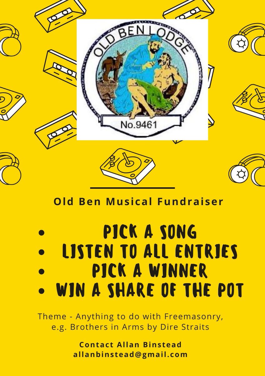 All are welcome to enter the Old Ben Musical Fundraiser. 

Pick a song, listen to all entries, pick a winner. 

The song with the most votes wins a share of the pot and chooses the theme for next time. 

Enter at airtable.com/appmiS8miK1tqA… #Freemasons #Freemasonry