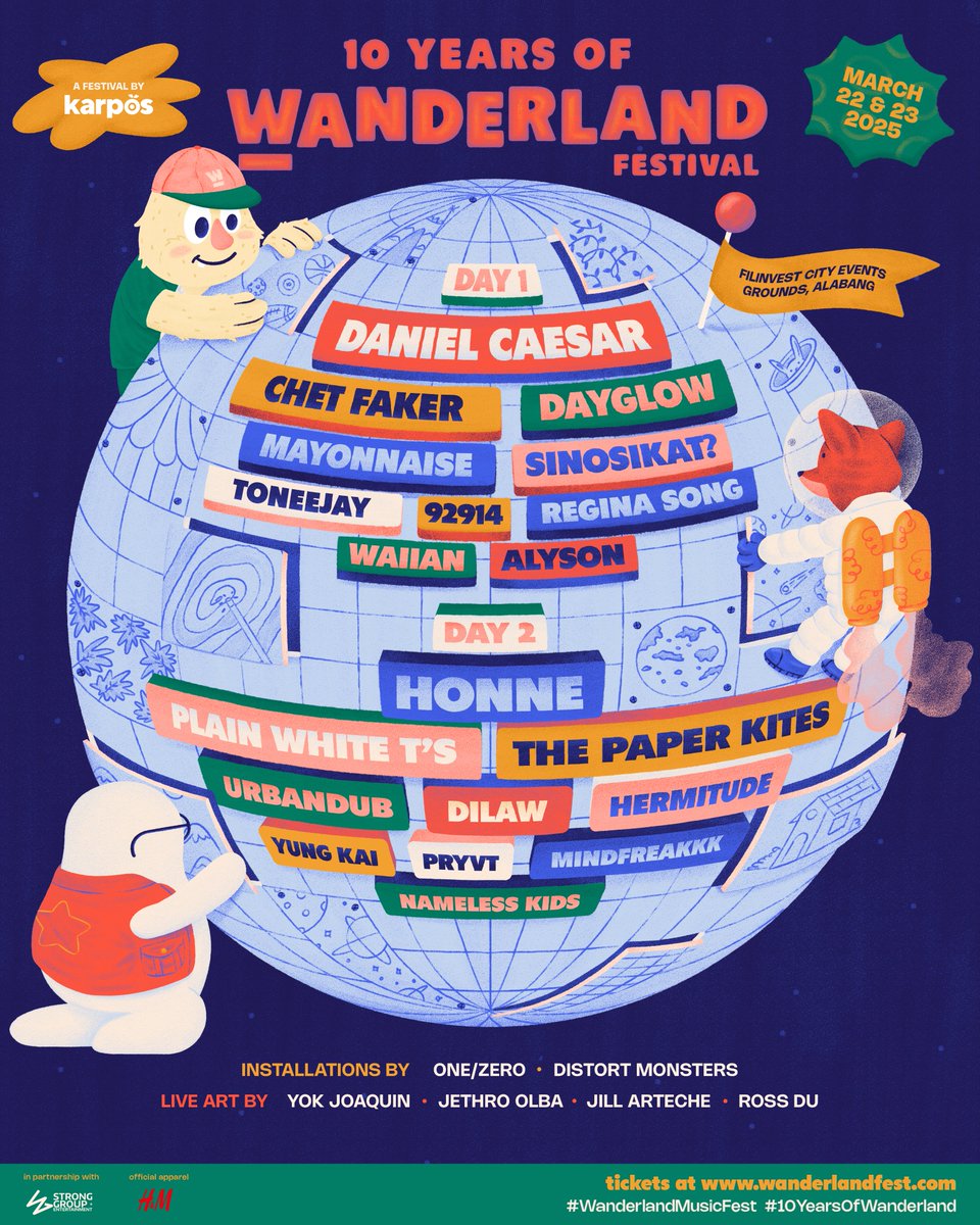We’ve built this world with you—reuniting with old friends and welcoming new ones. This is #10YearsOfWanderland.

PRESENTING:
Our #WanderlandMusicFest 2025 lineup 🌎

📅 March 22 &amp; 23, 2025
📍 Filinvest City Events Grounds

🎟 TICKETS ON SALE NOW
via tickelo.com