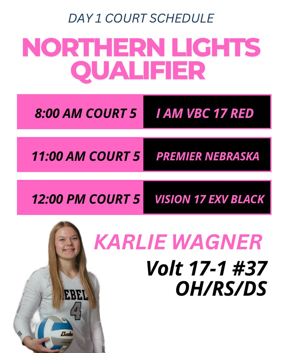 Day 1 2025 NLQ Schedule!! We are playing in 17 LIBERTY!!! So excited!!

#volleyball #minnesota #volleyballrecruits #outsidehitter #rightsidehitter #serverecieve #passing #collegevolleyball #defensivespecialist #defense #northernlightsqualifier #usavolleyball #usavolleyball #usav
