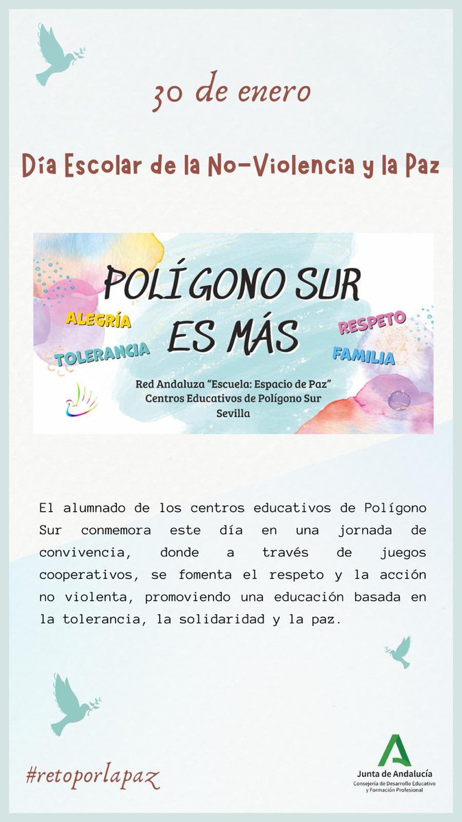 El Grupo de Trabajo de Convivencia y Escuela Espacio de Paz ha diseñado este cartel que estará visible en todos los centros educativos del Polígono Sur, para reivindicar la lucha por un barrio más seguro, unido y lleno de vida.