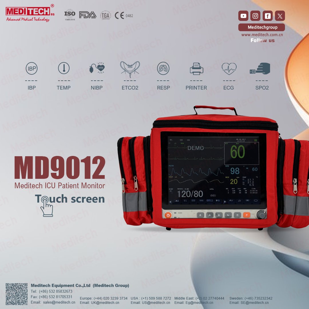 MeditechVet's tweet photo. Meditech MD9012 patient monitor
features :
-12-Inch TFT Touch Screen
-Measures SpO2, NIBP, PR, ECG, Temp, Resp, IBP, ETCO2
- Built-in Alarm
-Optional Printer.
#hospital
#firstaid
#highquality
#Medicalsupply
#Patient
#PatientMonitor
#meditech
#medicalaesthetics https://t.co/Pf0UxiBa5b