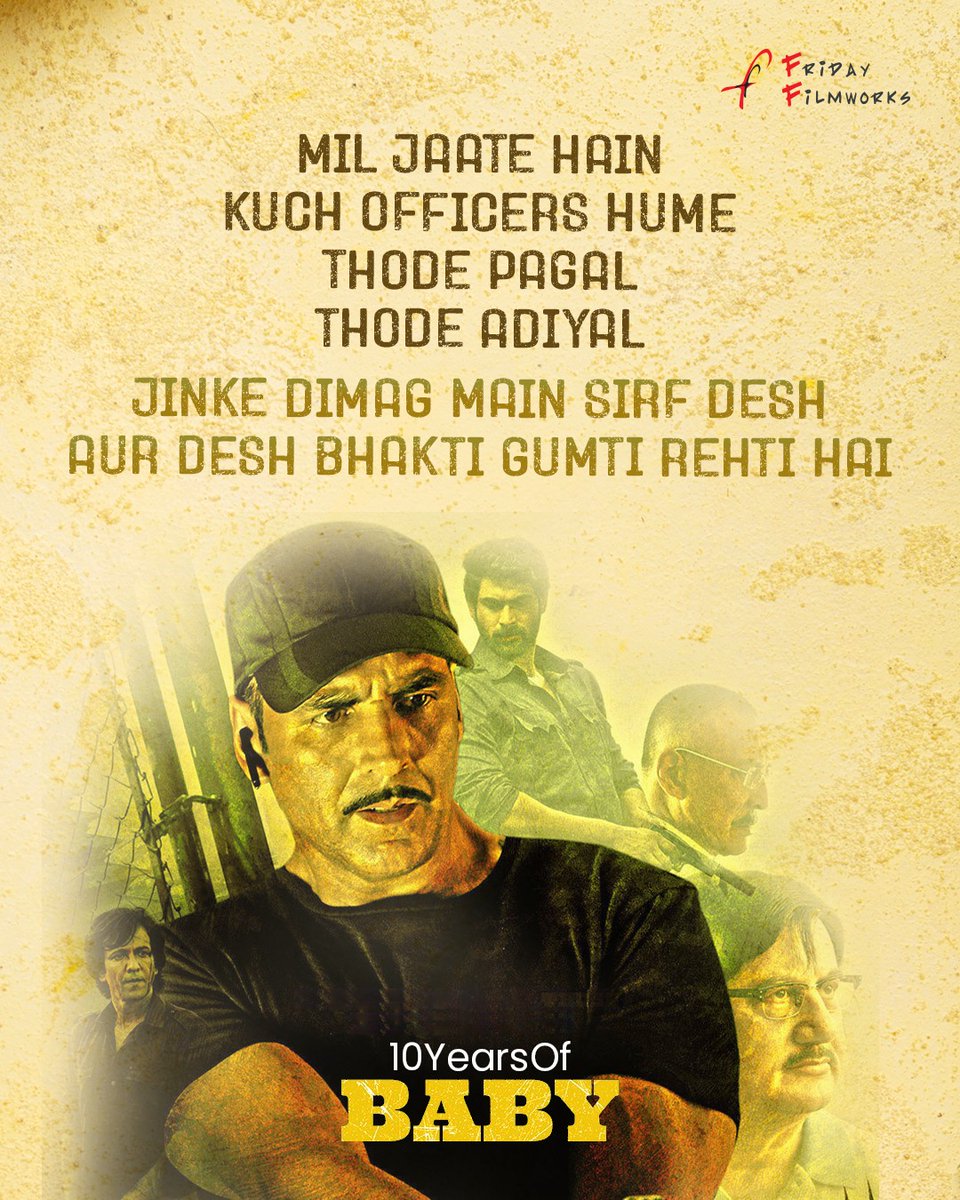 Friday Filmworks (@ffw_official) on Twitter photo Baby redefined the spy thriller genre with its unforgettable dialogues. Which one do you remember the most? 🎬🔥
#10YearsOfBaby #FridayFilmworks #10YearsOfBaby <a href="/akshaykumar/">Akshay Kumar</a> <a href="/anupampkher/">Anupam Kher</a> <a href="/ranadaggubati/">Rana Daggubati</a> <a href="/taapsee/">taapsee pannu</a> <a href="/kaykaymenon02/">KayKay Menon🇮🇳</a> #anniversarypost #bollywoodmovies Baby redefined the spy thriller genre with its unforgettable dialogues. Which one do you remember the most? 🎬🔥
#10YearsOfBaby #FridayFilmworks #10YearsOfBaby <a href="/akshaykumar/">Akshay Kumar</a> <a href="/anupampkher/">Anupam Kher</a> <a href="/ranadaggubati/">Rana Daggubati</a> <a href="/taapsee/">taapsee pannu</a> <a href="/kaykaymenon02/">KayKay Menon🇮🇳</a> #anniversarypost #bollywoodmovies