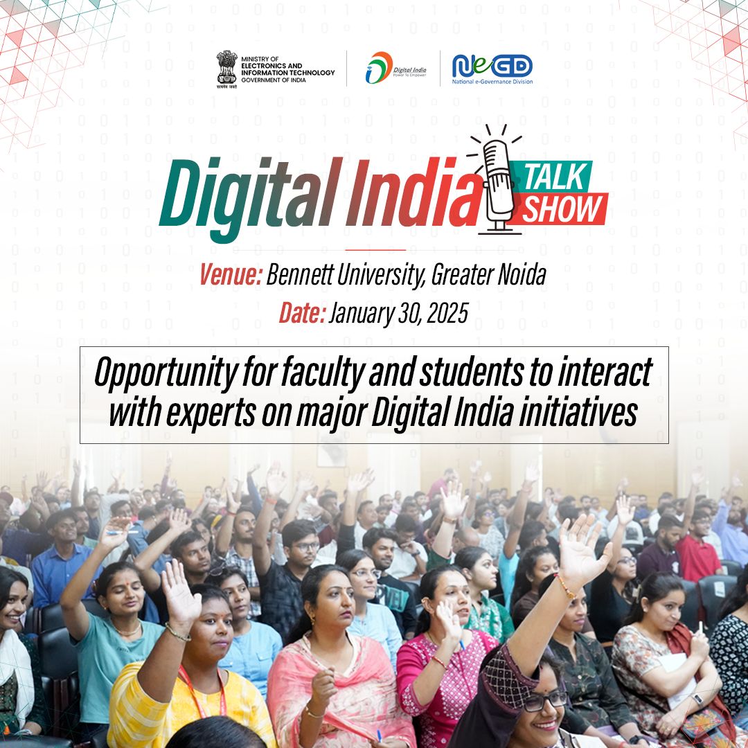 GoI_MeitY's tweet photo. 📢 Opportunity for students &amp; faculty of @bennettuniv  to learn about various Digital India initiatives and interact with experts.  
@digilocker_ind @EduMinOfIndia @UmangOfficial_ @ux_4g @narcoticsbureau @myscheme_gov @ind_dpdp @NeGD_GoI @PIB_India 
#DigitalTalkShow https://t.co/M6MtxJuuyu