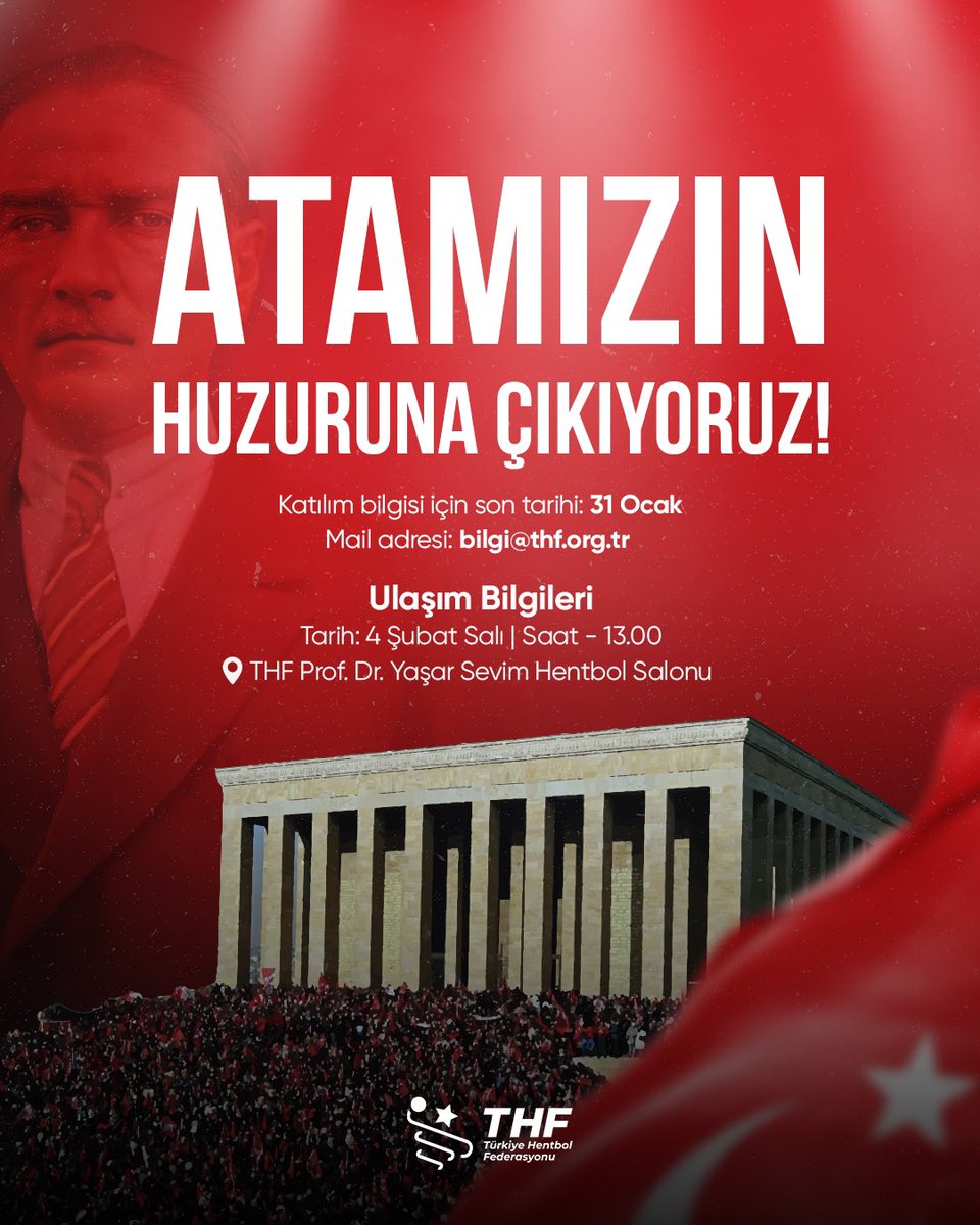 Türkiye Hentbol Federasyonu’nun 49. kuruluş yıl dönümünde 4 Şubat Salı günü Yönetim Kurulu üyelerimiz ile birlikte saat 14.00’te Anıtkabir'de Atamızın huzuruna çıkıyoruz.

Katılmak isteyenler için Türkiye Hentbol Federasyonu’ndan saat 13.00’te hareket edecek şekilde ulaşım
