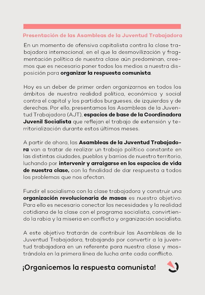 🚩ORGANIZAR LA RESPUESTA COMUNISTA 

Después de meses de trabajo, nacen las Asambleas de la Juventud Trabajadora. En un momento de auge reaccionario y ofensiva capitalista, creamos espacios de base de CJS para llevar a la juventud trabajadora a la primera línea de lucha.