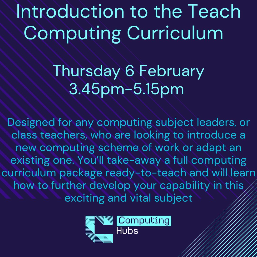 ComputingHubBIY's tweet image. Join us for our course Introduction to the Teach Computing Curriculum:
ncce.stem.org.uk/cpd/540278/int…
#stem #courses #primary #computing