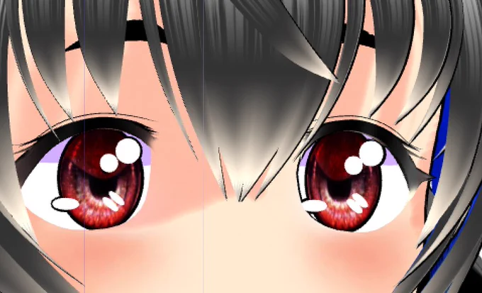 よし。まつ毛の端とかも法線処理でシャープにできる。目の内側に入る邪魔な線はこれはもう法線じゃどうしようもないな。形状自体を変えないと・・・ソフトによってはこういう線を自在に制御できるようなんだけど、クリスタでは読み込んでくれないようなのだ。 