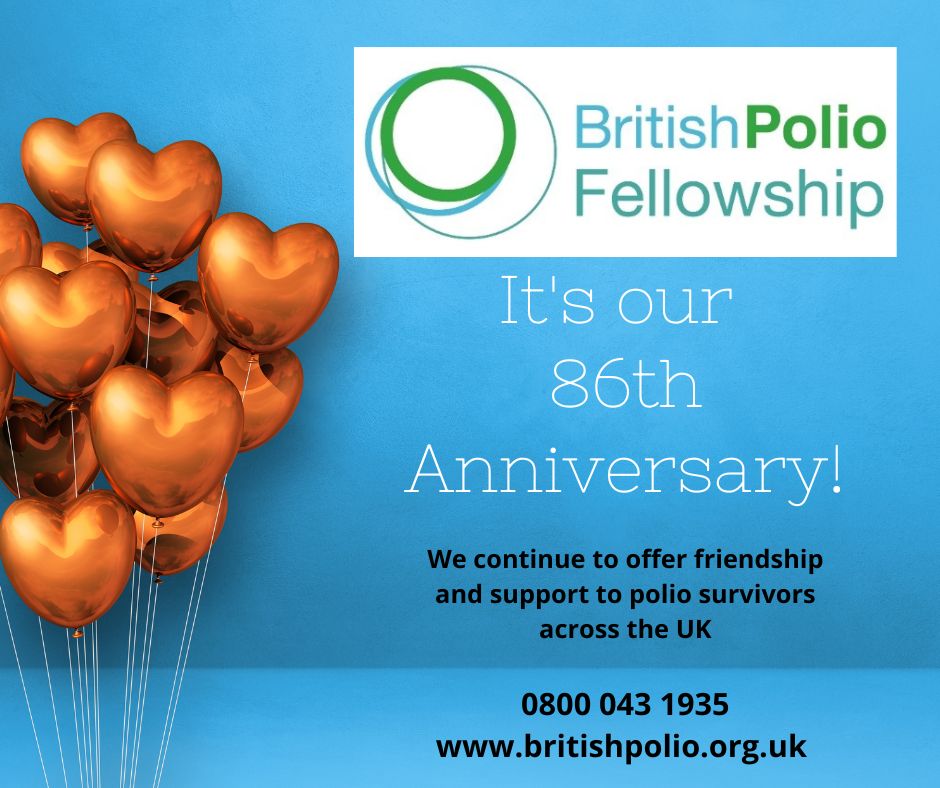 On 29 January the British Polio Fellowship marks its 86th anniversary. Huge appreciation goes to everyone for their support in helping us reach this milestone. We're here to support the #polio community and plan to continue for as long as they need us #postpolio #thankyou #polio