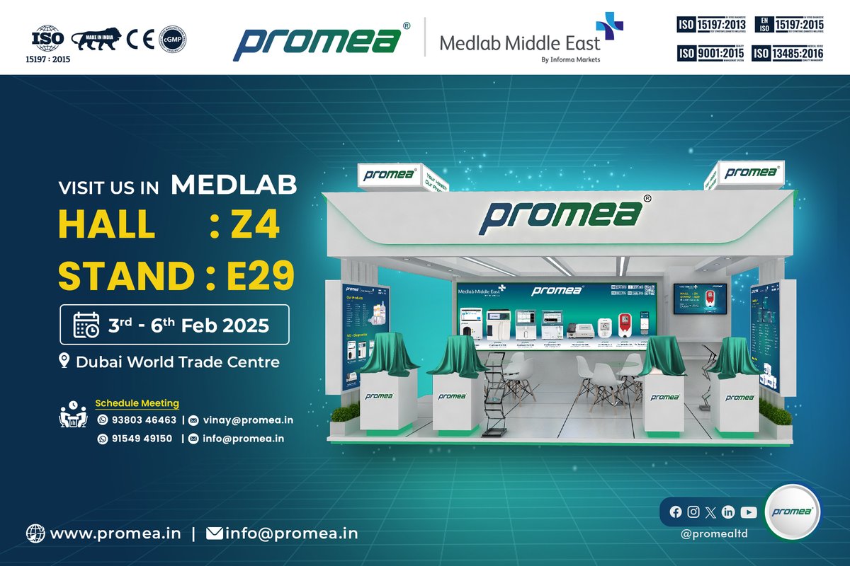 drtummuru's tweet photo. @Promealtd is Exhibiting at @MedlabSeries 

Come to Dubai & visit our stall Z4 : E29 and experience our innovative range of products:

Electrolyte Analyzer
Biochemistry Analyzer
Glucose Meter
Hemoglobin Meter
Hematology Analyzer
Blood Gas Analyzer

And get a sneak peek at our exciting new product launches!

Don't miss this opportunity to connect with us and learn more about how #Promea is advancing healthcare.

Schedule a meeting by visiting our Exhibitor Page:
https://t.co/stznsT27yP

Or by emailing us at info@promea.in

#MedlabSeries #HealthcareInnovation #MedicalDevices #NewProductLaunch #FutureOfHealthcare  #Diagnostics #Biologics #IVFluids #MakeInIndia #OurPromeaOurPride #AnemiaMuktBharat
