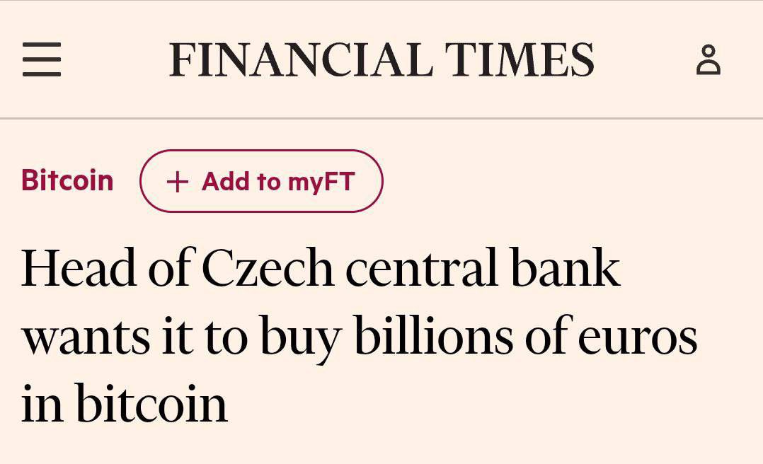 AshCrypto's tweet photo. 🚨 BREAKING 🚨 

$146 BILLION CZECH NATIONAL 
BANK HEAD WANTS TO BUY 
BILLIONS OF EUROS IN BITCOIN

ON THURSDAY, HE WOULD PRESENT 
A PLAN TO THE BOARD TO INVEST IN 
BITCOIN AS A WAY OF DIVERSIFYING 
THE CNB’S RESERVES 

IF APPROVED, CNB COULD HOLD 
AS MUCH AS 5% OF ITS RESERVES 
IN BITCOIN. 

GLOBAL FOMO HAS STARTED.
