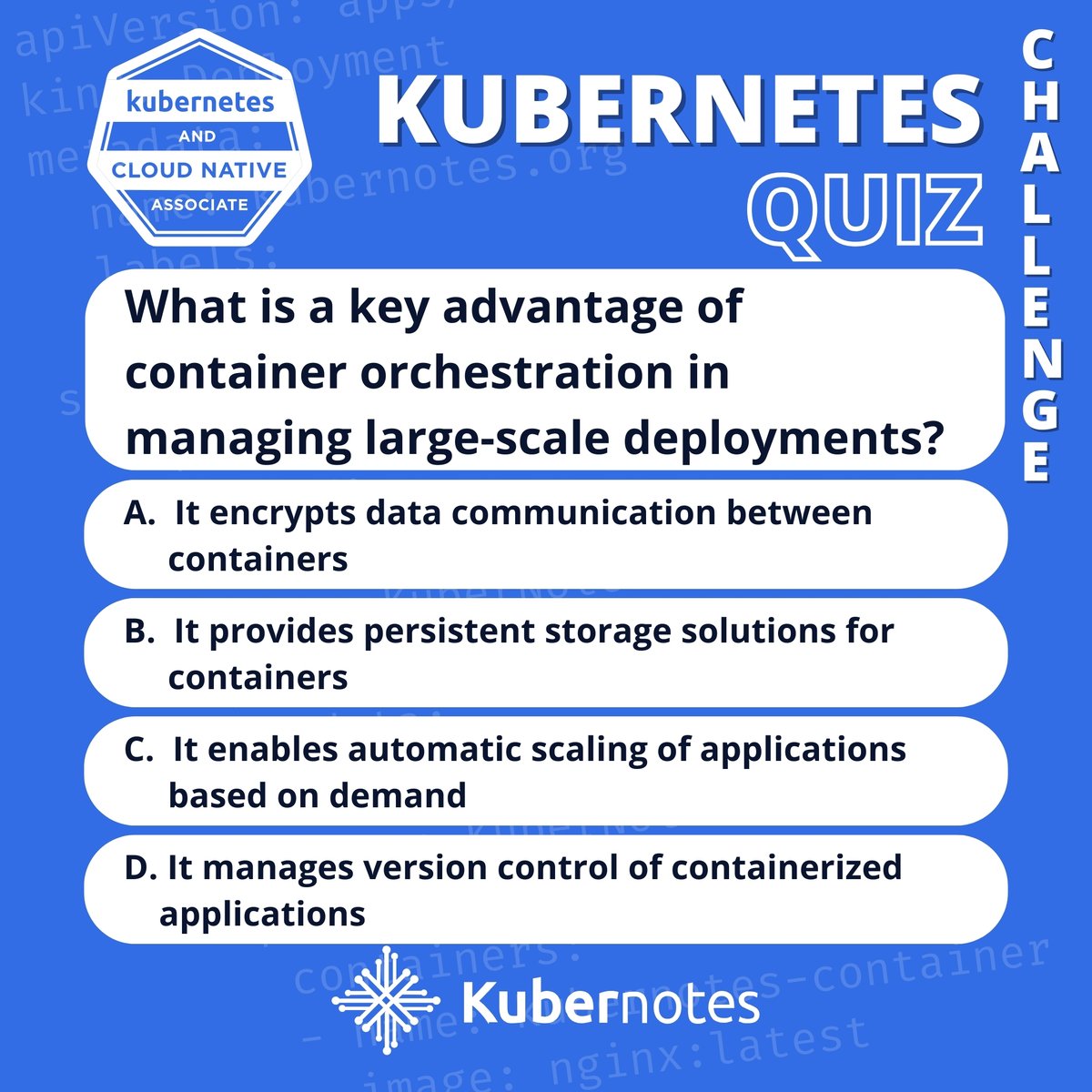 Kubernotes_'s tweet photo. #Kubernetes Daily Pop Quiz - Kubernetes and Cloud Native Associate 

🌎 https://t.co/oNda6vBpMg

📝 Give us your best answer in the comments!

#Kubernetes #KuberNotes #CKA #CKAD #KCNA #KCSA #CKS #onlinetraining #liveonlinetraining #training #certificate #handsontraining https://t.co/pb2pRizZpZ